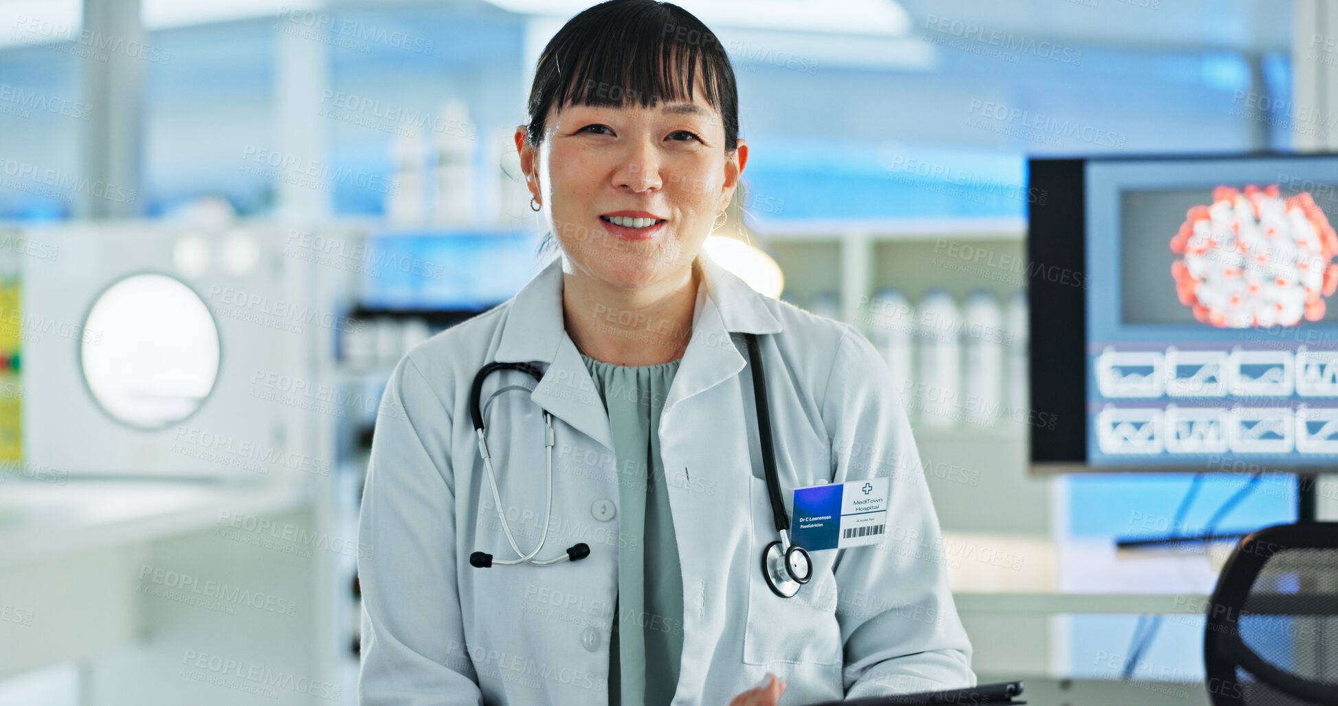 Buy stock photo Woman, scientist and happy on portrait at laboratory with pride or confidence for science research in Uganda. Asian person, employee and smile for scientific study with virus particles and medicine