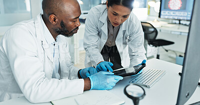 Buy stock photo Science, people and tablet in lab for research, brainstorming and planning for medicine development. Scientists, team and tech at desk for learning, investigation advice or virus vaccine engineering