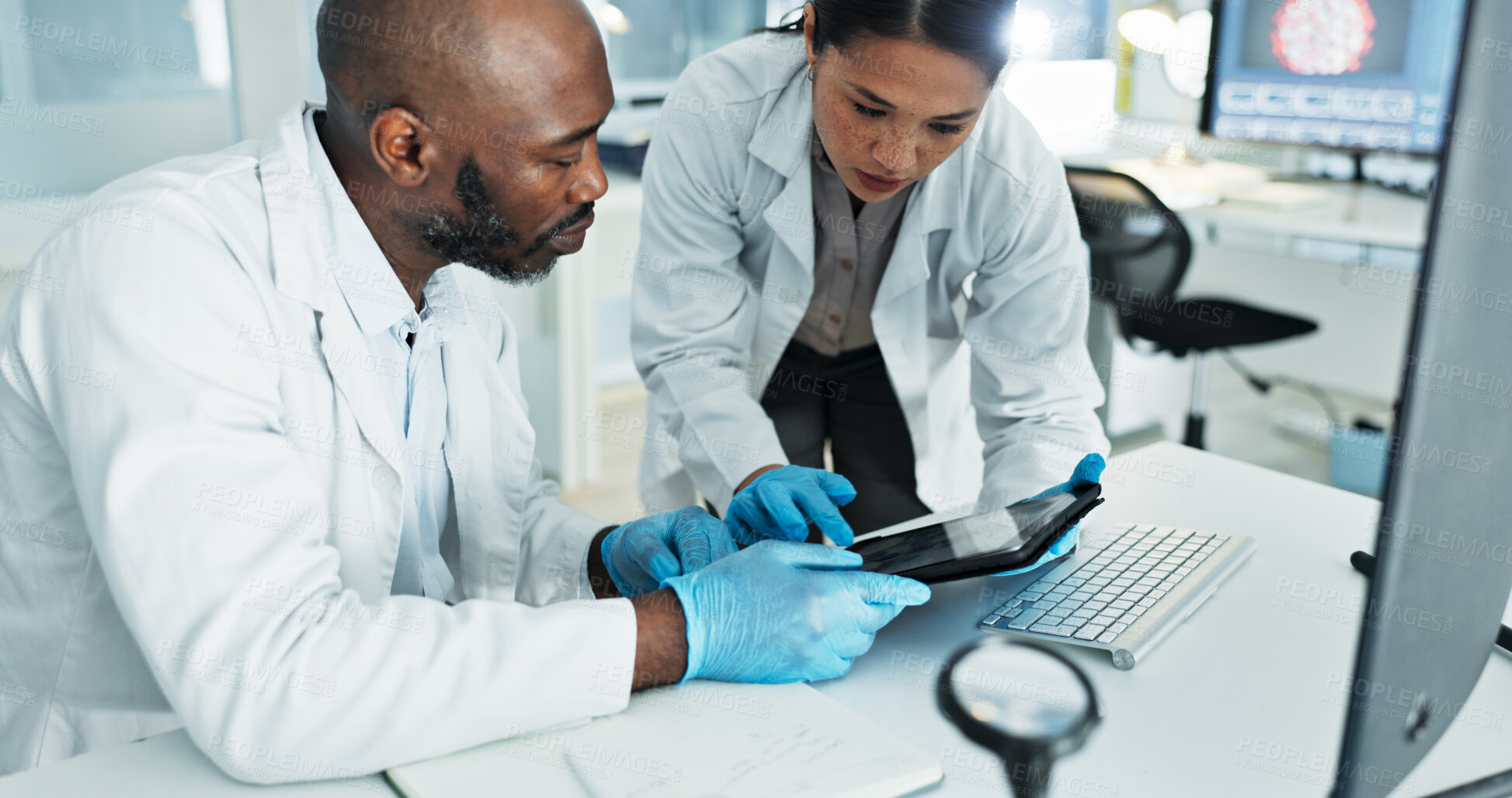Buy stock photo Science, people and tablet in lab for research, brainstorming and planning for medicine development. Scientists, team and tech at desk for learning, investigation advice or virus vaccine engineering