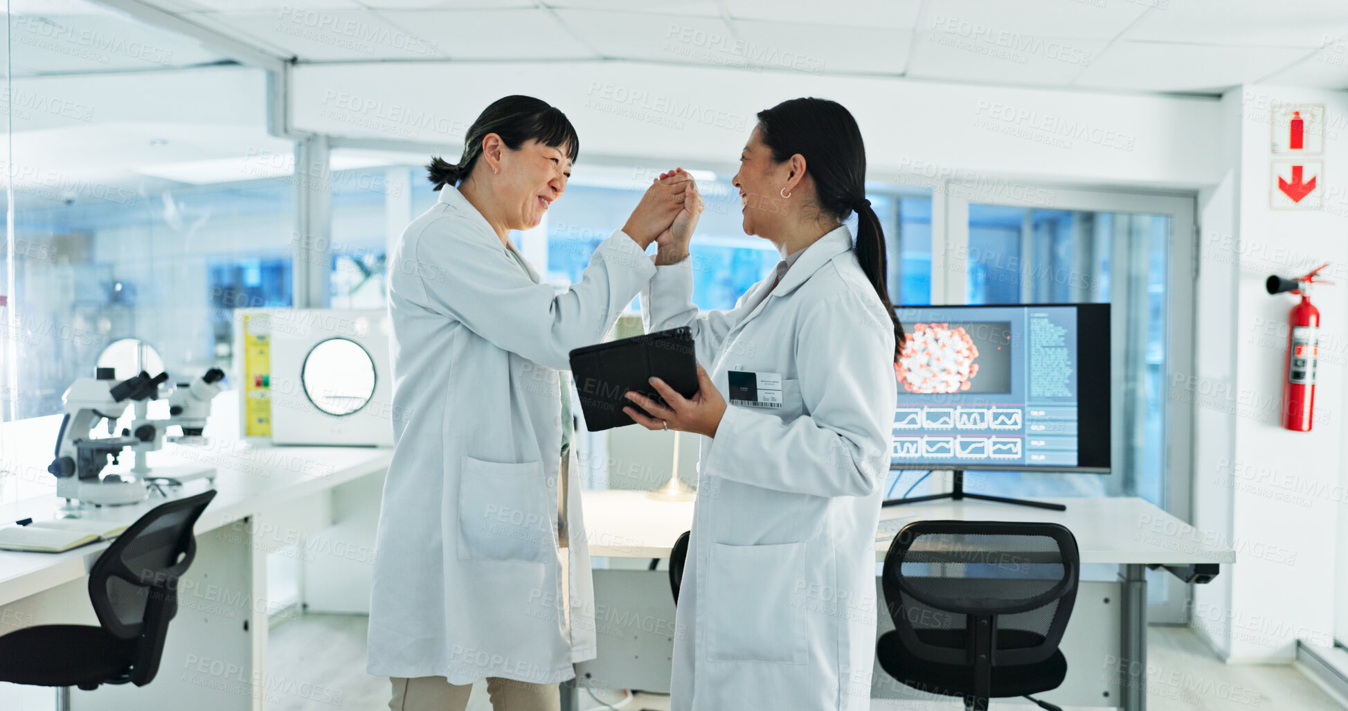 Buy stock photo Scientist, women and high five for research, success and experiment results or medical information. Breakthrough, celebration and lab technician with tech for virus development or pathology test