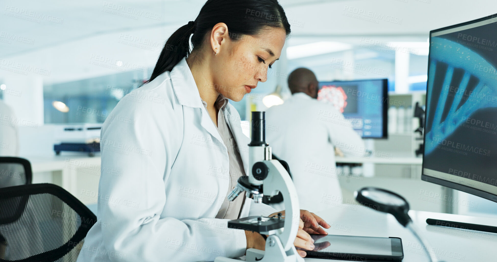 Buy stock photo Scientist, woman and tablet in lab for dna sequence with medical research, test and solution at pharma job. Person, container and liquid for drugs, chemical and vaccine development for mpox virus