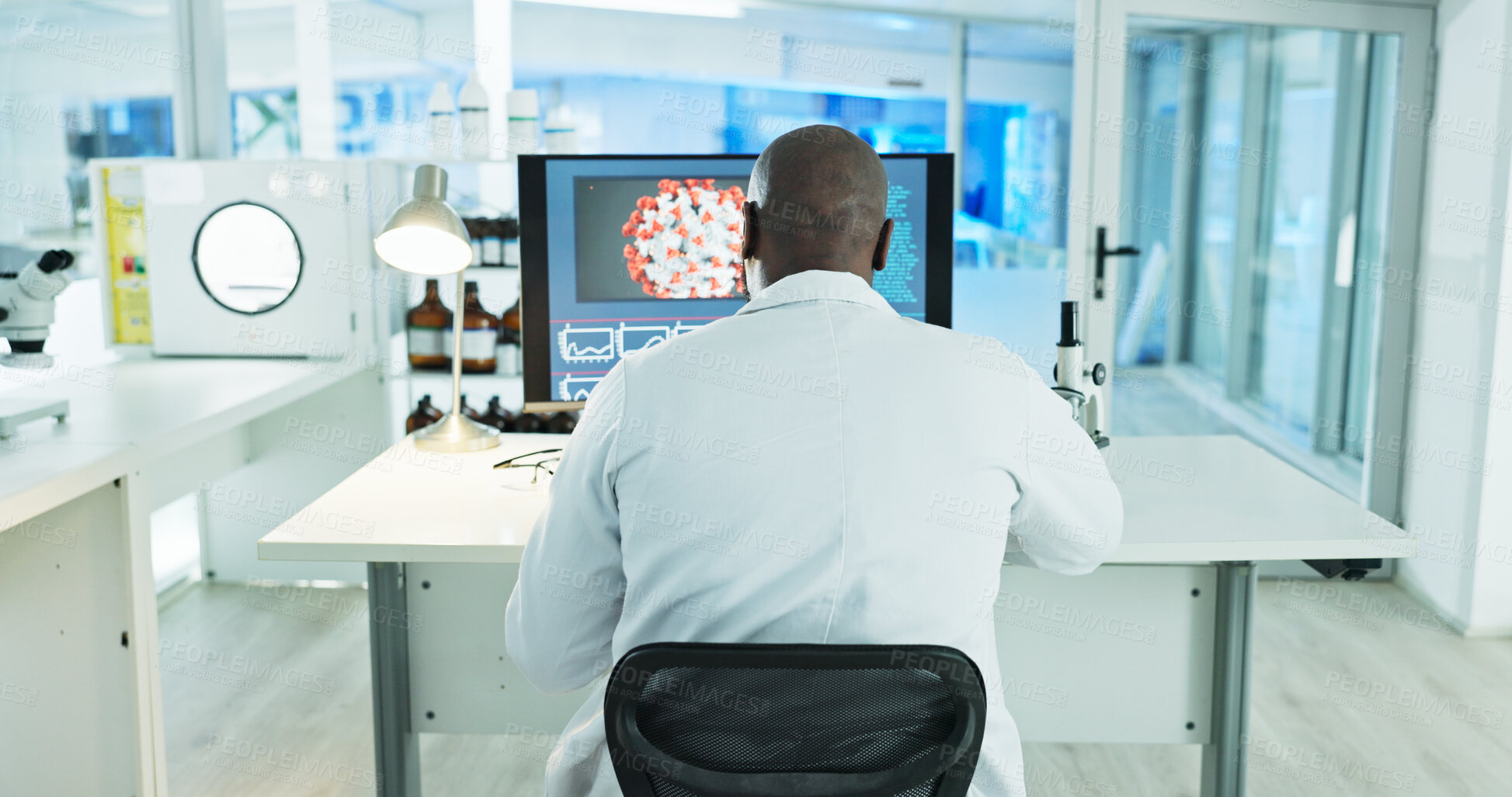 Buy stock photo Man, scientist and computer in lab with back, virus and medical research for pharma project. Person, pc and clinical study with process, drugs and problem solving for vaccine development for mpox