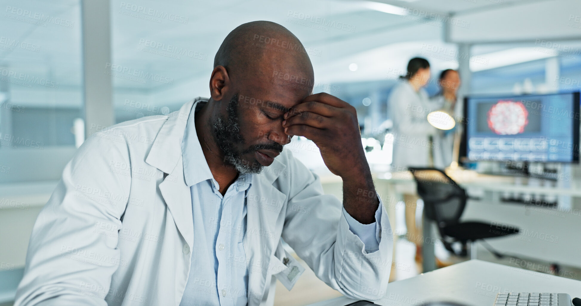 Buy stock photo Thinking, burnout and scientist with headache, lab and tired of medical research, man and overwhelmed. Exhausted, overtime and person with stress for project, fatigue and migraine for setbacks
