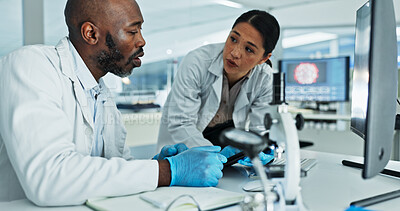 Buy stock photo Science, people or tablet in lab for discussion, brainstorming or innovation for medicine development. Scientists, research team or tech at desk for learning, mentorship or virus vaccine engineering