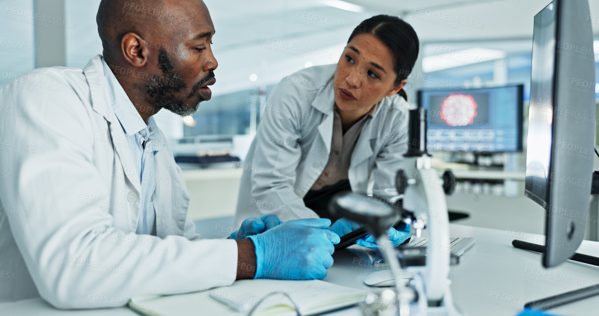 Buy stock photo Science, people or tablet in lab for discussion, brainstorming or innovation for medicine development. Scientists, research team or tech at desk for learning, mentorship or virus vaccine engineering