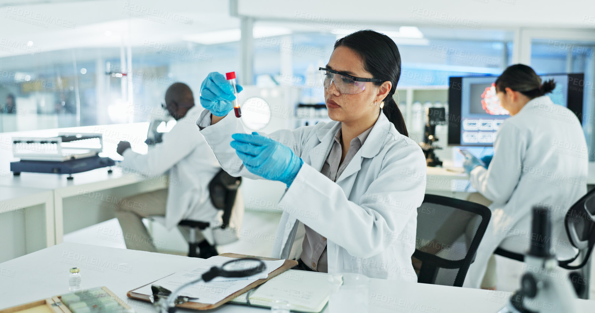 Buy stock photo Scientist, woman and blood test for virus, discovery and experiment results or medical information. Notebook, update and laboratory technician with research for bacteria development or pathology