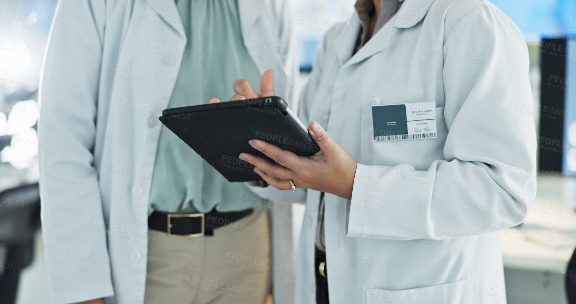 Buy stock photo Scientist, hands and tablet for research, discussion and experiment results or medical information. Woman, man and laboratory technician with digital checklist for virus development or pathology test