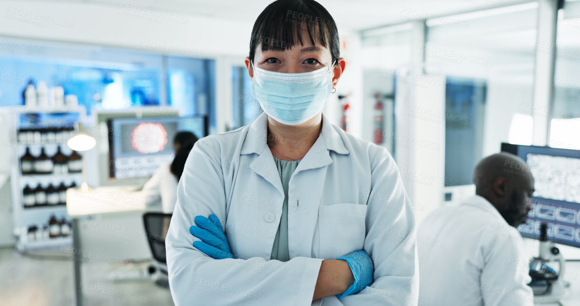 Buy stock photo Woman, scientist and arms crossed in portrait with mask, safety and medical research for virus. Person, leader and confidence for pharmaceutical solution, process and vaccine development for mpox