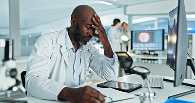 Buy stock photo Thinking, tired and scientist with headache, lab and burnout for medical research, man and overwhelmed. Exhausted, overtime and person with stress for project, fatigue and migraine for setbacks