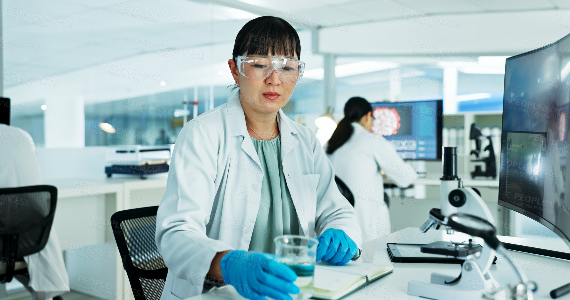 Buy stock photo Scientist, woman and beaker by computer in lab with medical research, test and solution at pharmaceutical job. Person, container and liquid for drugs, chemical and vaccine development for mpox virus