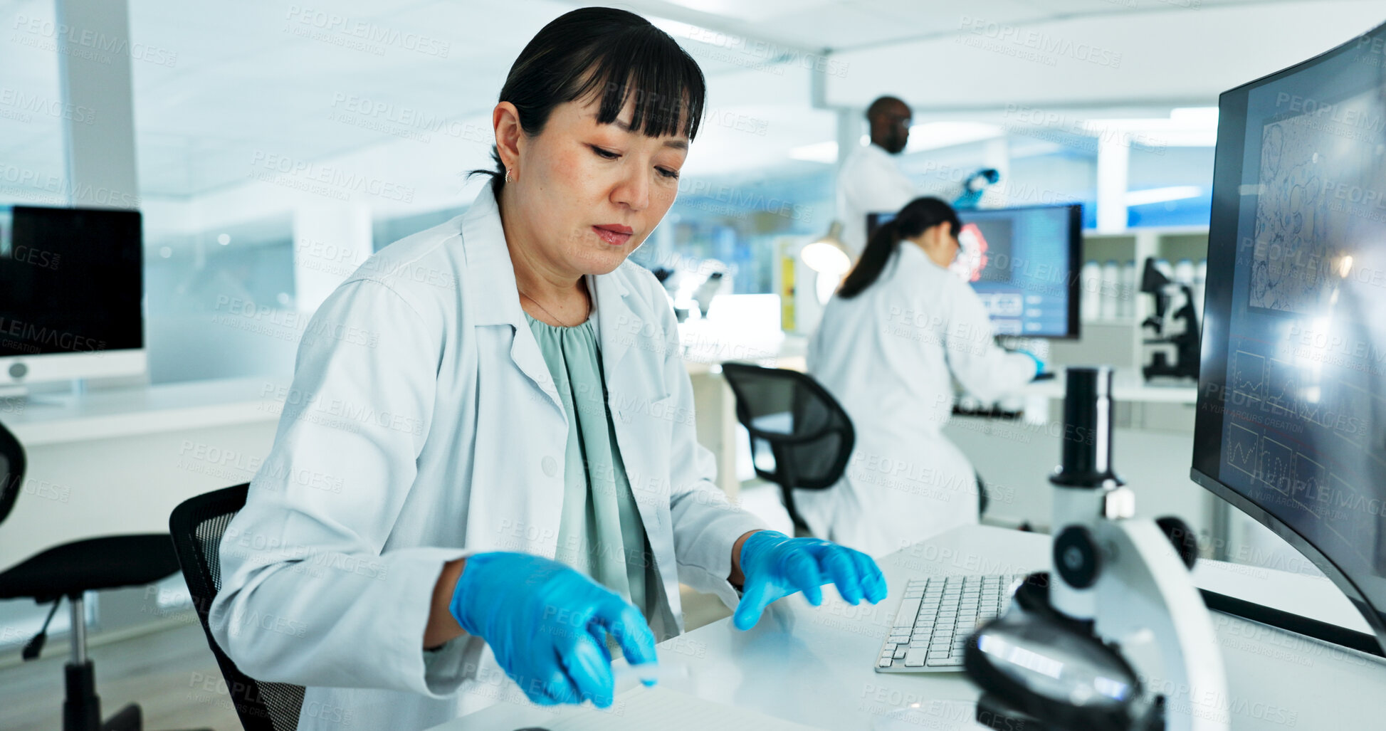 Buy stock photo Scientist, woman and reading with book in lab with medical research, test and solution with pharmaceutical job. Person, planning and stats for drugs, chemical and vaccine development for mpox virus