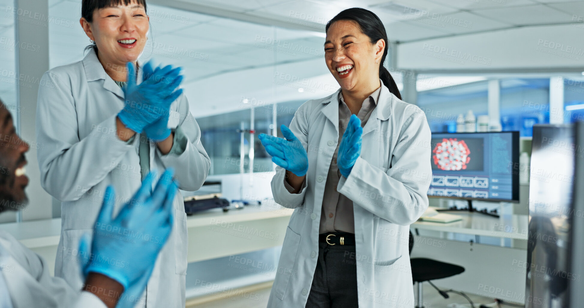 Buy stock photo Scientist, group and applause for success in lab with breakthrough, goals and medical research. People, diversity and cheers for celebration, happy and diversity with teamwork for vaccine development