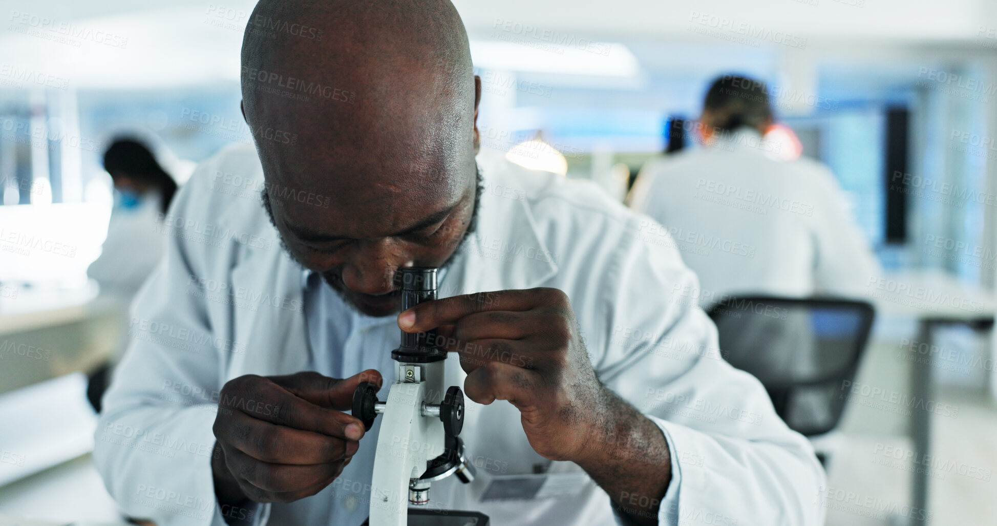 Buy stock photo Scientist, man and research with microscope, analysis and sample preparation in biotech laboratory. Biochemistry, bacteria and solution with technician for DNA study, genetic innovation or results