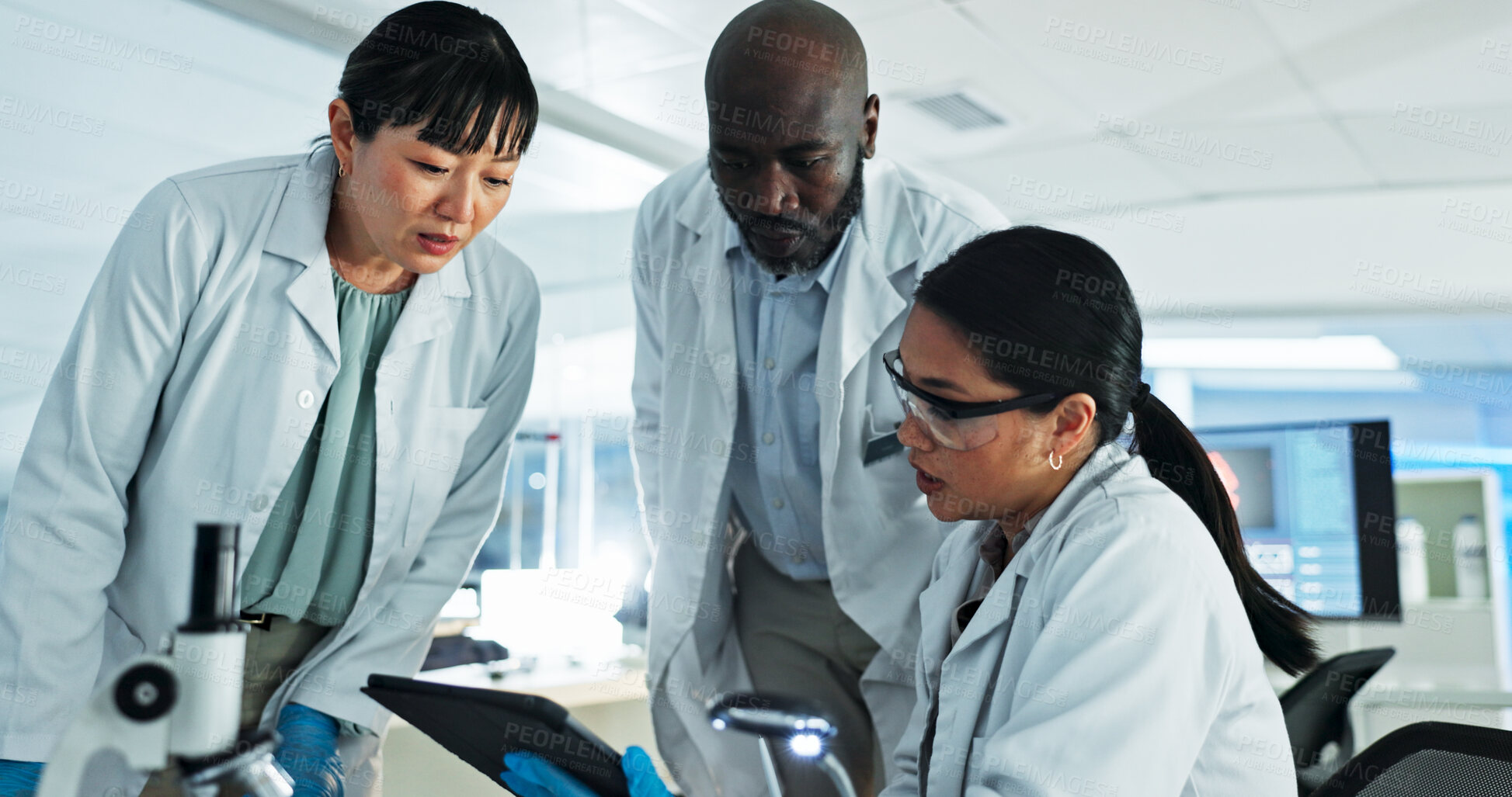 Buy stock photo Science, team and tablet in lab for research, brainstorming and innovation for medicine development. Scientists, people and tech in facility for feedback, mentorship and planning investigation in app