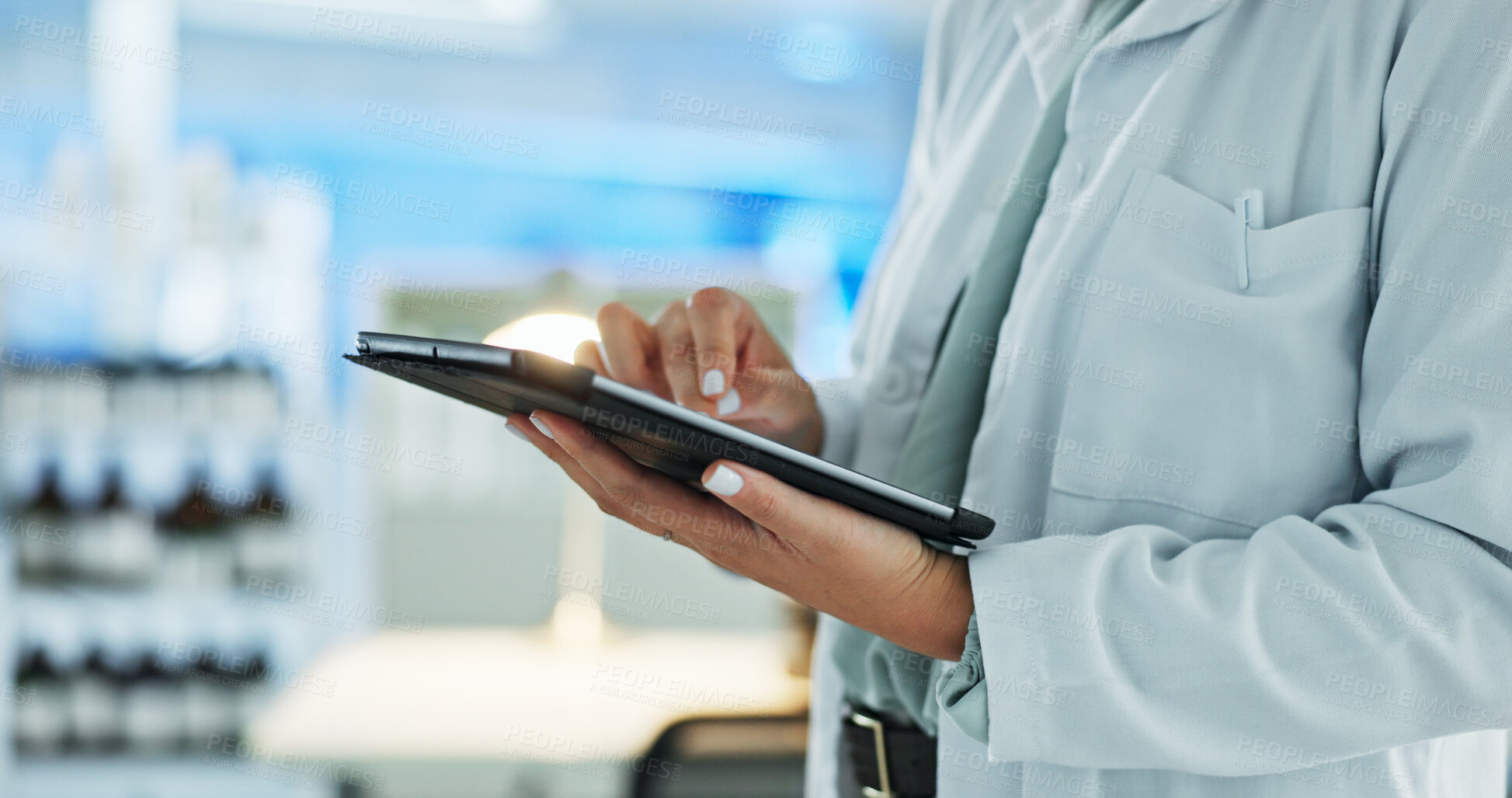 Buy stock photo Scientist, hands and tablet for research, notes and experiment results or medical information. Woman, checklist update and laboratory technician with tech for virus development or pathology test