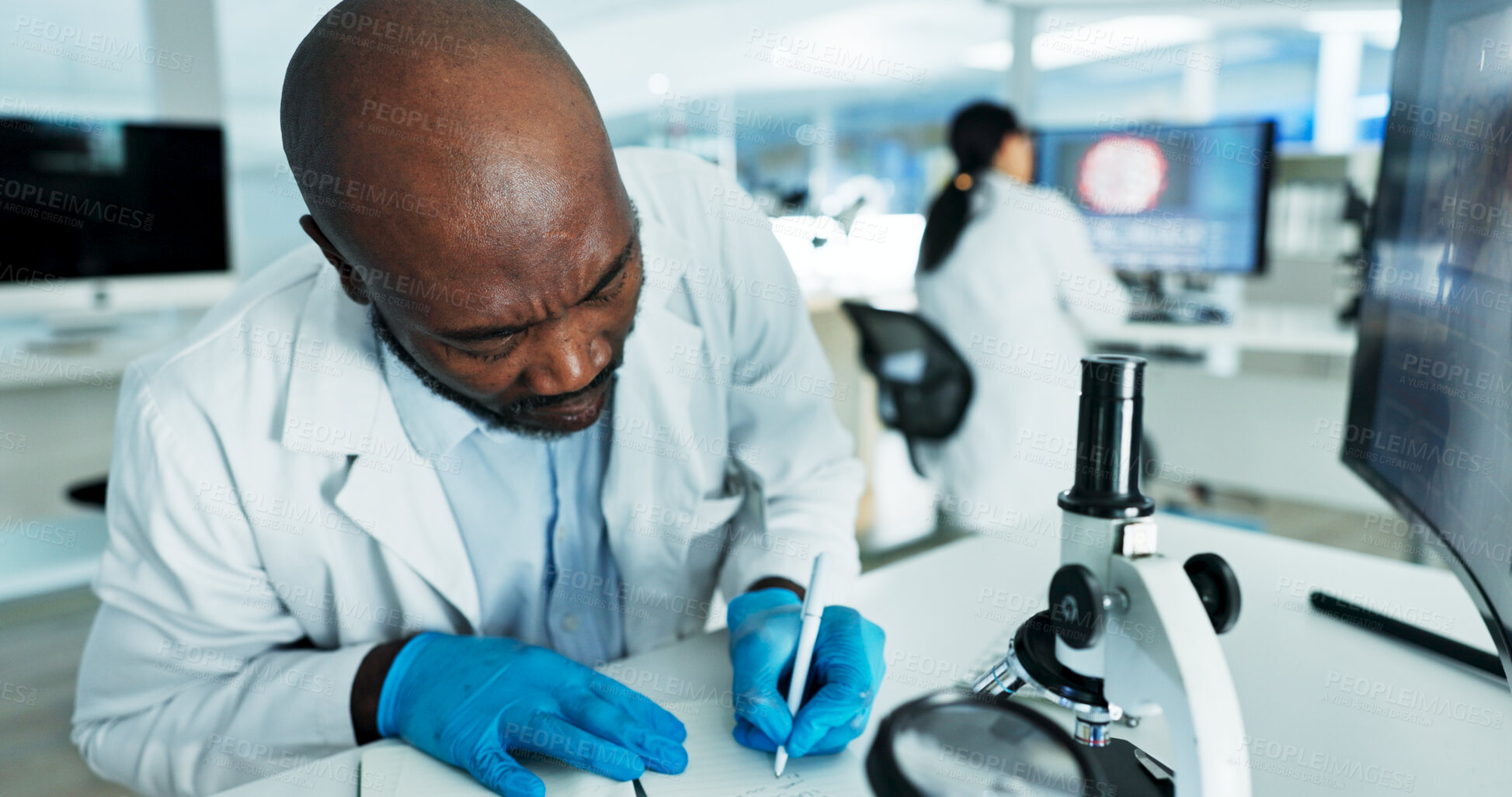 Buy stock photo Scientist, man and writing for research, notes and experiment results or medical information. Clipboard, update and laboratory technician with microscope for virus development or pathology test