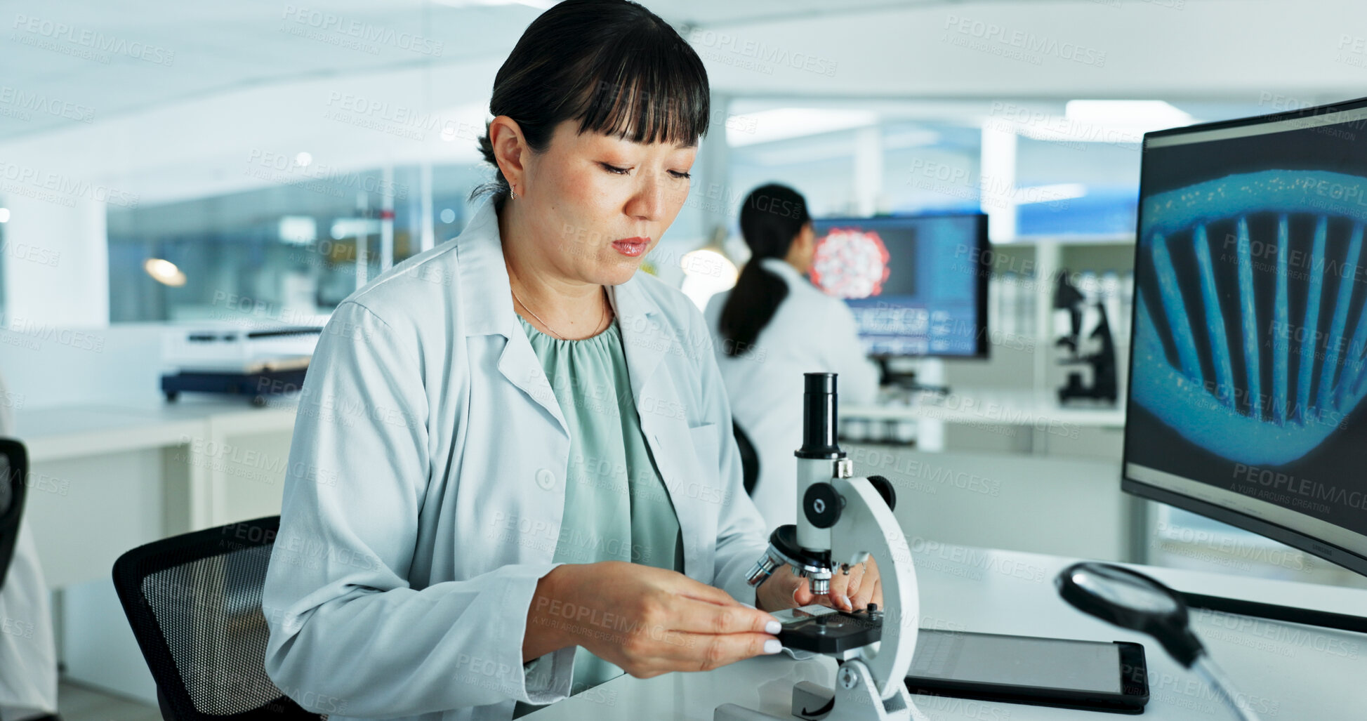 Buy stock photo Scientist, woman and microscope with dna in lab for medical research, test and solution with pharmaceutical career. Person, lens and liquid for drugs, chemical and vaccine development for mpox virus