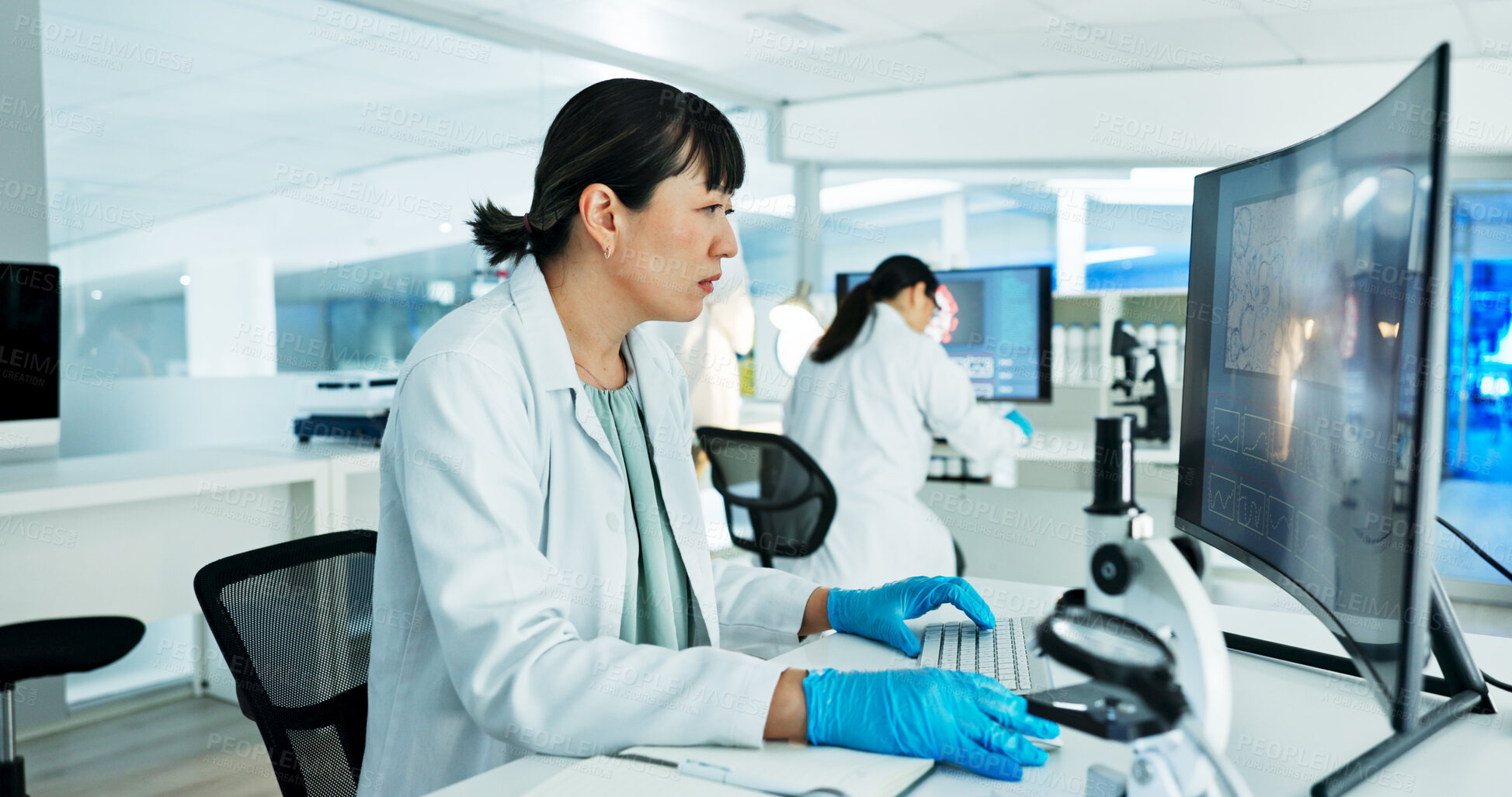 Buy stock photo Scientist, woman and reading by computer in lab with medical research, review or solution with pharma job. Person, pc and feedback with stats for drugs, chemical or vaccine development for mpox virus