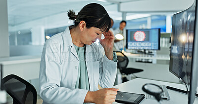 Buy stock photo Thinking, woman and scientist with headache, lab and tired of medical research, fatigue and overwhelmed. Exhausted, contemplating and person with stress for project, burnout and migraine for overtime