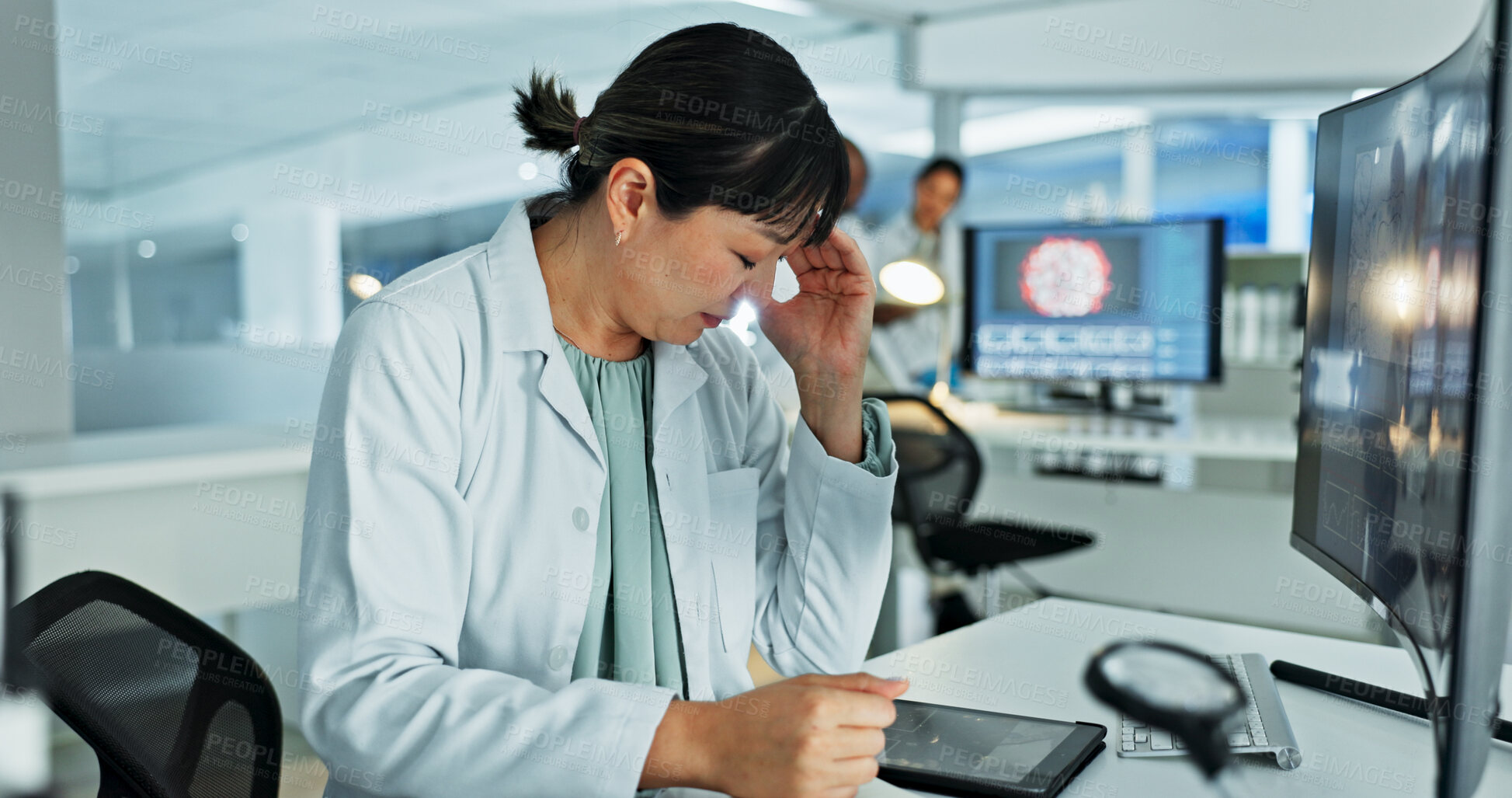 Buy stock photo Thinking, woman and scientist with headache, lab and tired of medical research, fatigue and overwhelmed. Exhausted, contemplating and person with stress for project, burnout and migraine for overtime
