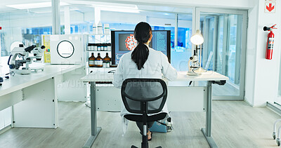 Buy stock photo Woman, scientist and computer in lab with back, virus and medical research for pharmaceutical project. Person, pc and clinical study with process, drugs or reading with vaccine development for mpox