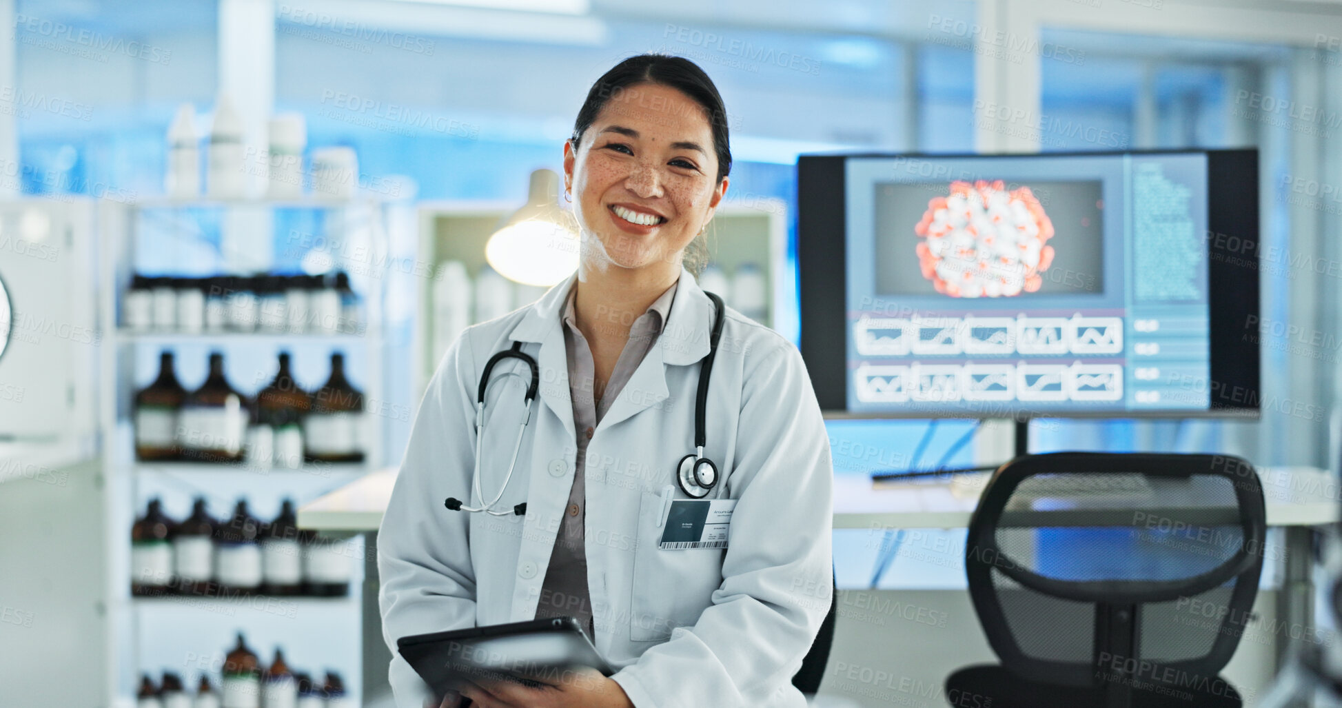 Buy stock photo Woman, scientist and proud on portrait at laboratory with smile or confidence for science research. Female person, tablet and happy for scientific study with virus particles and medicine trial