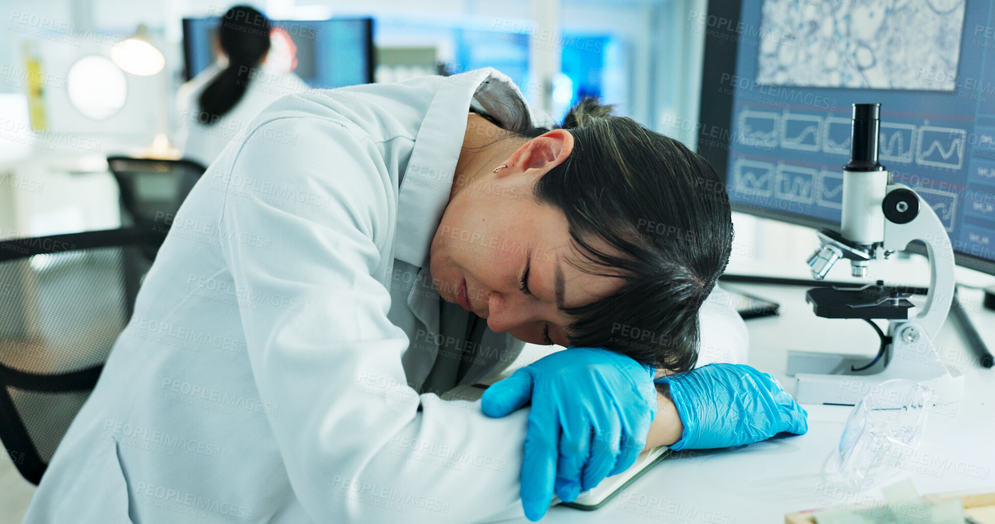 Buy stock photo Sleeping, tired and scientist with headache, lab and fatigue for medical research, woman and overwhelmed. Exhausted, overtime and person with stress for project, thinking and migraine for setbacks