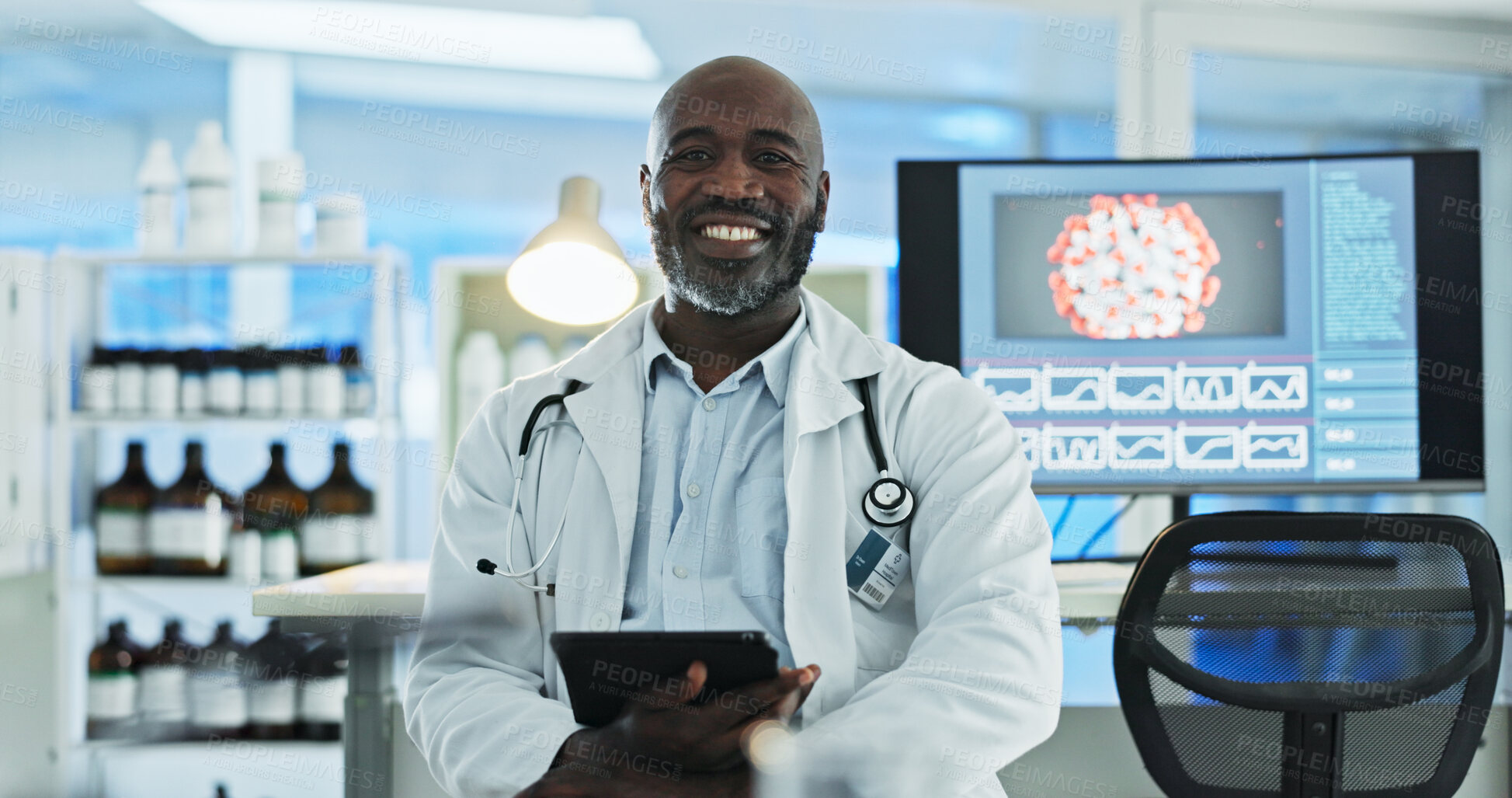 Buy stock photo Black man, scientist and happy on portrait at laboratory with pride or confidence for science research in Uganda. Male person, tablet and smile for scientific study with virus particles and medicine