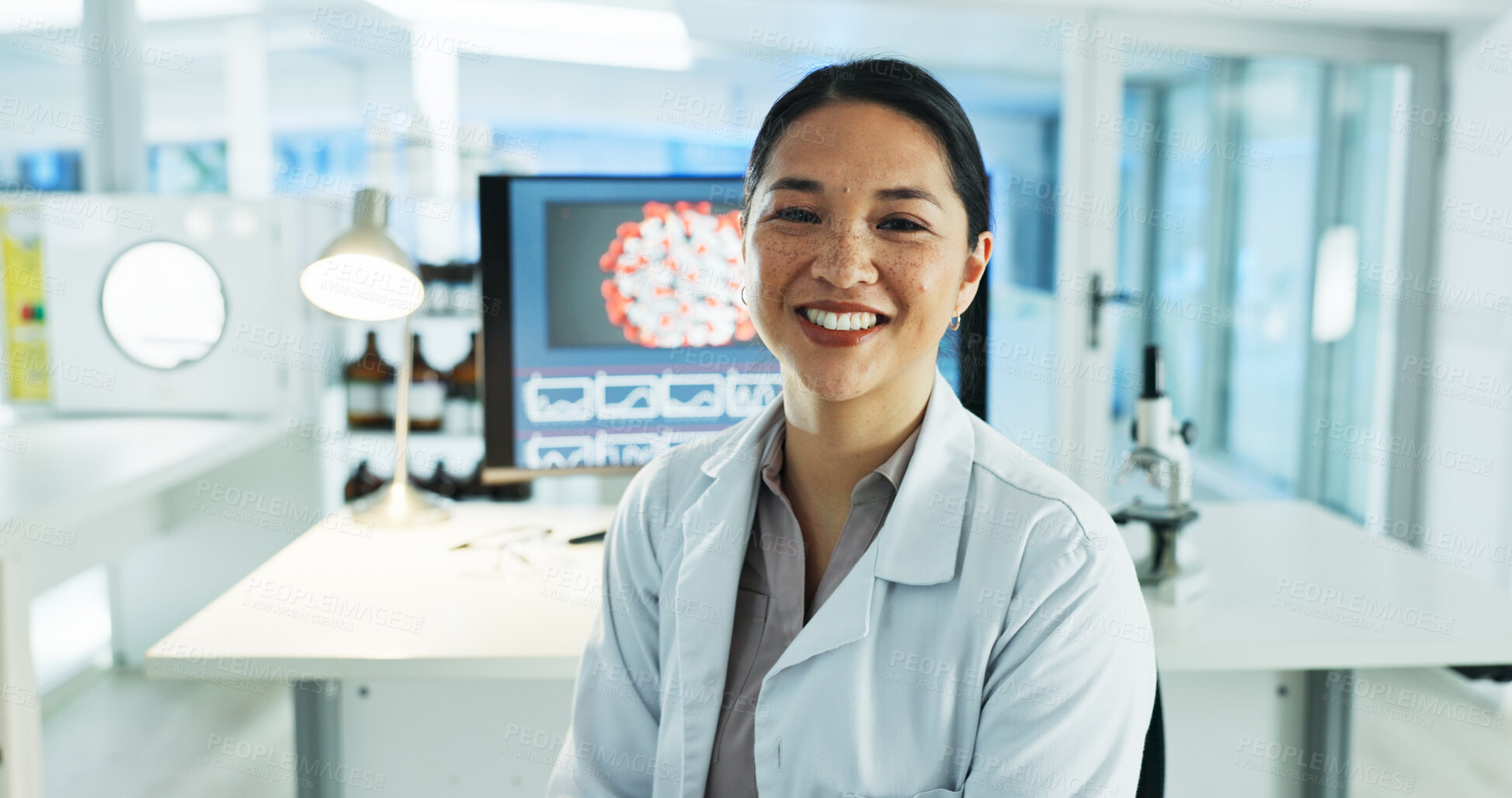 Buy stock photo Woman, scientist and smile in portrait at lab for virus, particles or medical research in pharmaceutical job. Person, happy and pride for clinical study, career and mpox vaccine development in Taiwan