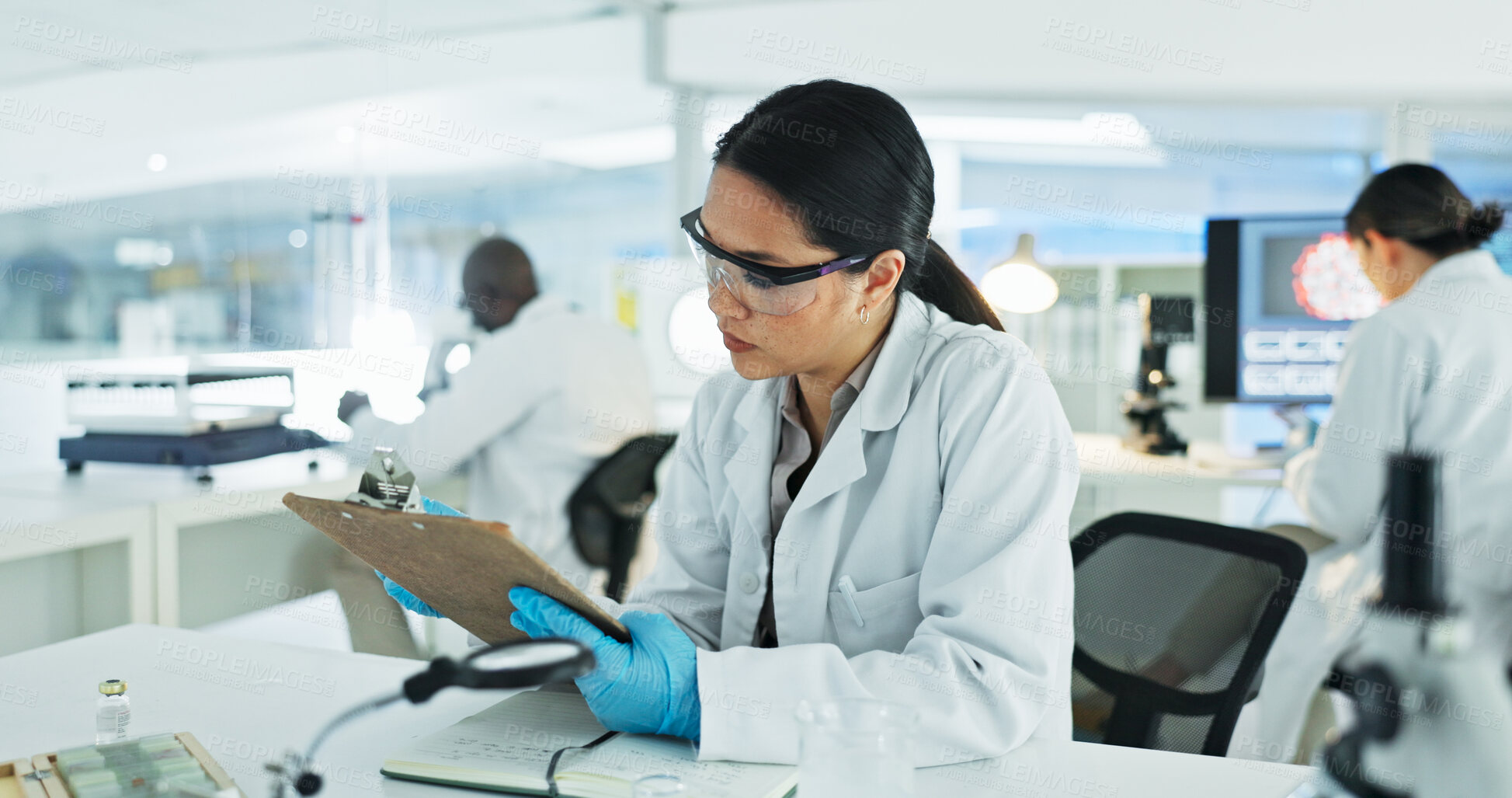 Buy stock photo Scientist, woman and clipboard for virus, experiment checklist and study results or medical information. Writing, update and laboratory technician with research for bacteria development or pathology