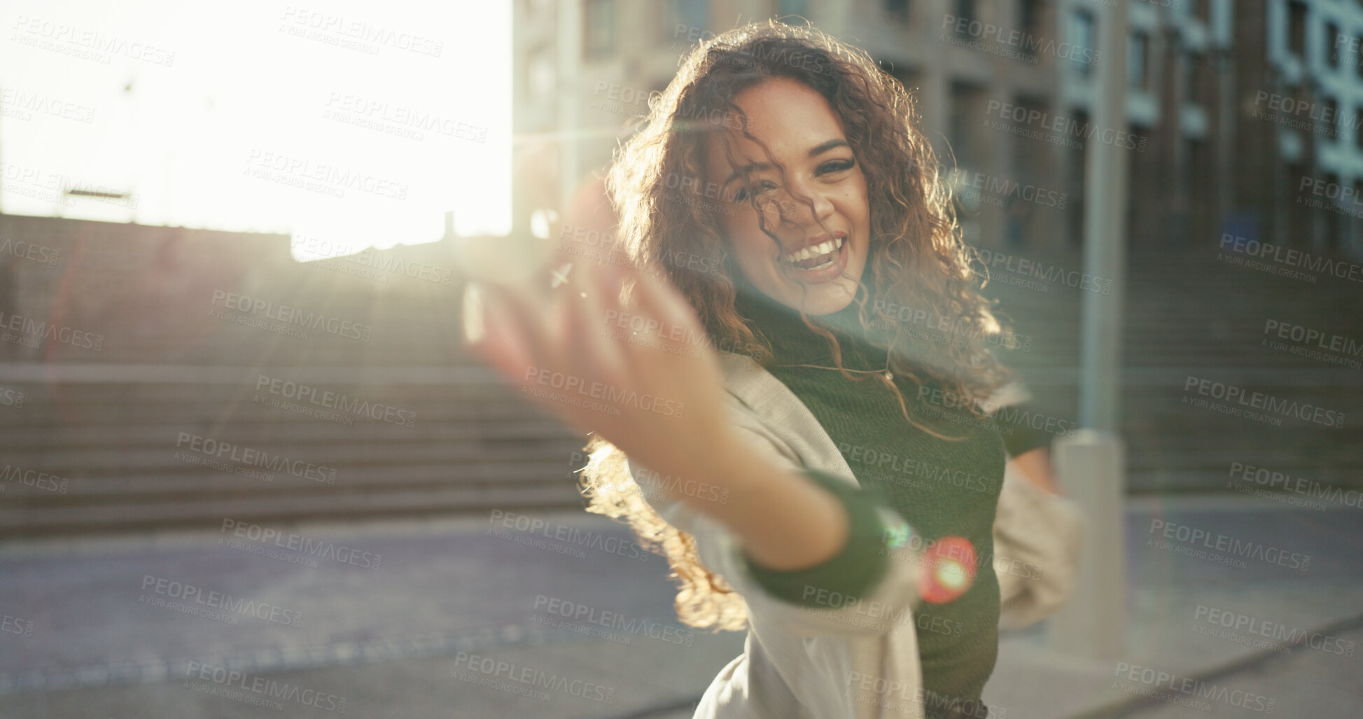 Buy stock photo Dance, happy and portrait with business woman in city for celebration, fashion and freedom. Energy, music and cool style with female person in brazil outdoors for inspiration, excited and movement