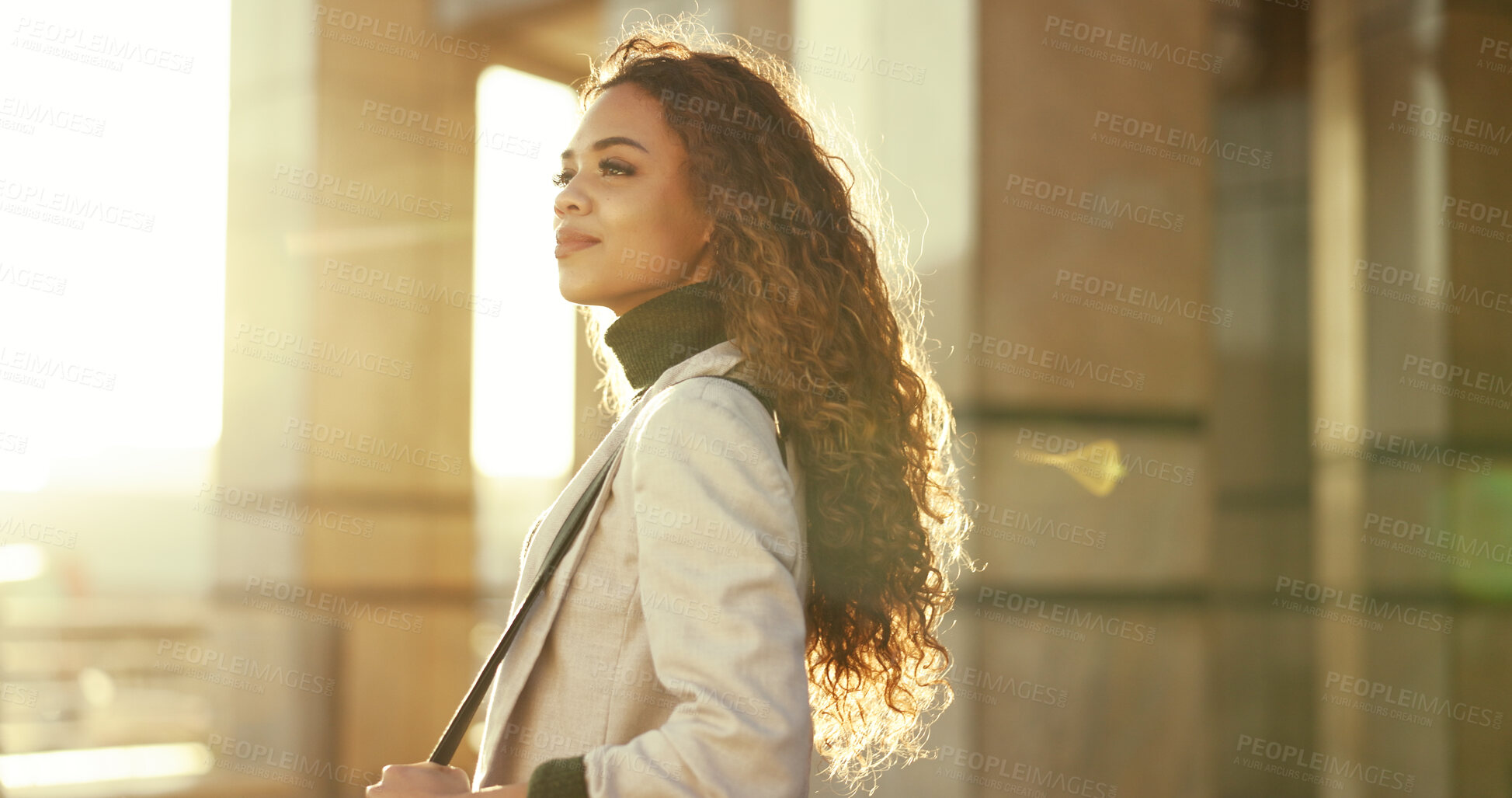 Buy stock photo Commuting, thinking and woman with smile, city and travel for story, inspiration and happy for journalism. Outdoor, road and person with ideas for agency, reporter and contemplating in morning