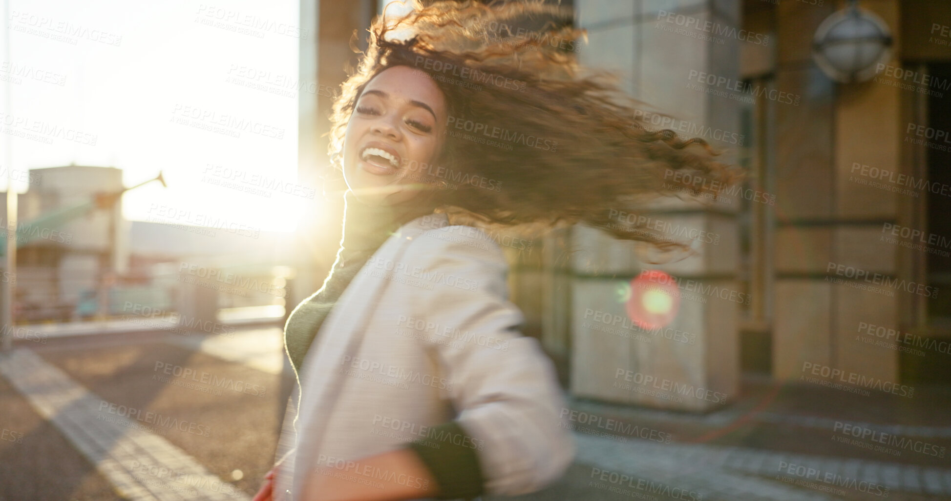 Buy stock photo Dance, portrait and energy with business woman in city for celebration, fashion and freedom. Happiness, music and cool style with person in brazil outdoors for inspiration, excited and movement