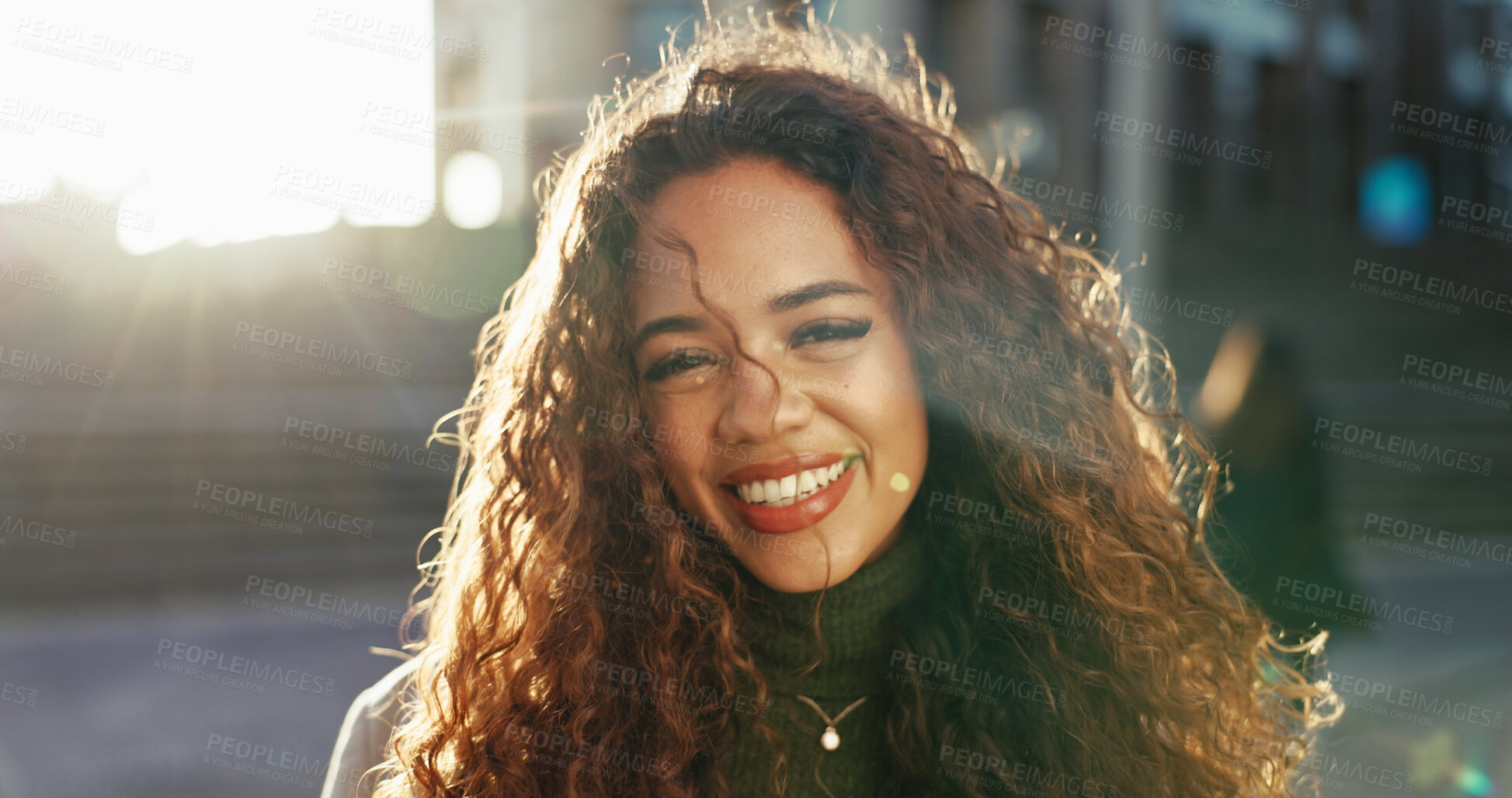 Buy stock photo Smile, confidence and portrait of business woman in city for morning commute, journey and opportunity. Happiness, professional and pride with female employee in Brazil outdoors for career and urban