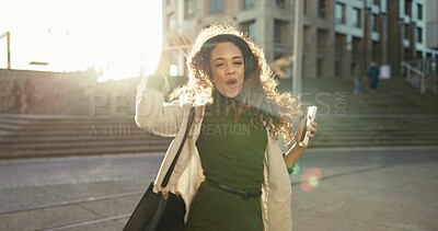 Buy stock photo Dance, streaming and headphones with business woman in city for celebration, fashion and freedom. Energy, music and cool style with person in brazil outdoors for inspiration, excited and movement