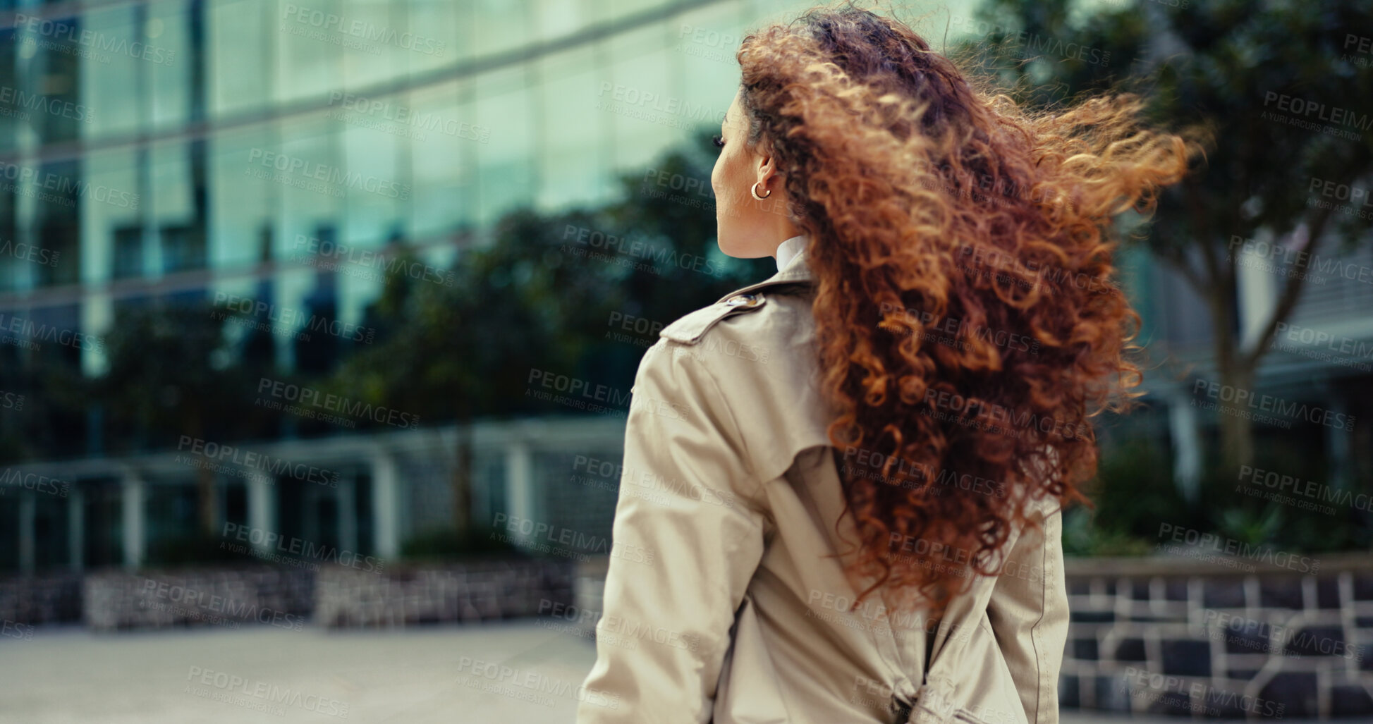 Buy stock photo Building, travel and back of businesswoman, city and commuting to work, journey and walking in morning. Outdoor, road and professional with opportunity, urban and routine for employee and street