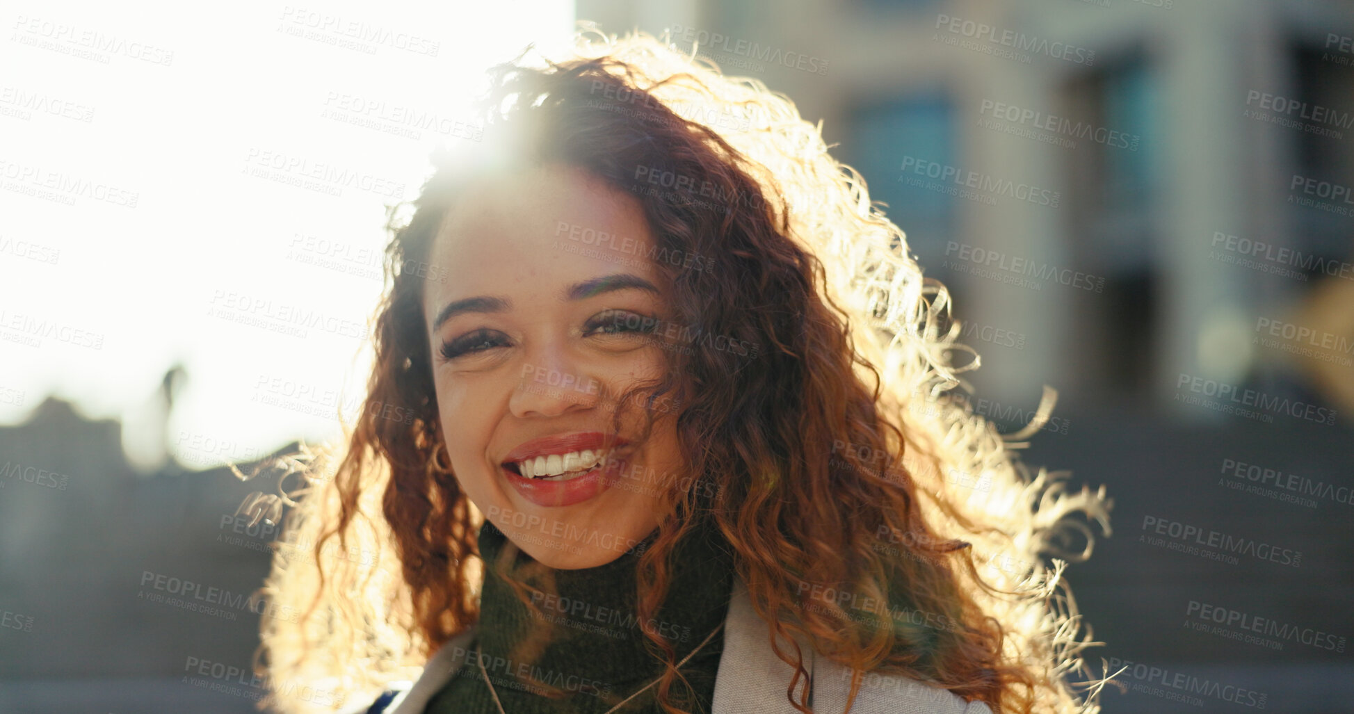 Buy stock photo Smile, professional and portrait of business woman in city for morning commute, journey and opportunity. Happiness, confidence and pride with female employee in Brazil outdoors for career and urban