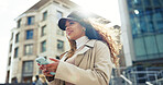 Search, low angle and phone with woman in city for direction, location app and thinking. Social media, travel and online map with person and mobile in Brazil for navigation, network and adventure