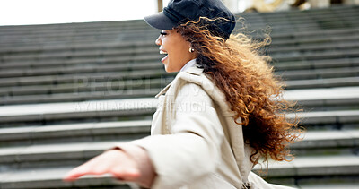 Buy stock photo Running, happy and business woman in city for morning commute, travel and journey outdoors. Excited, professional and person in urban town with movement late for meeting, appointment and schedule