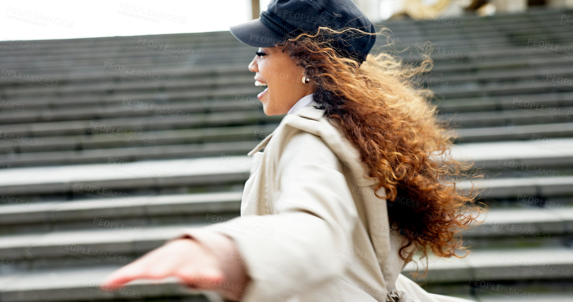 Buy stock photo Running, happy and business woman in city for morning commute, travel and journey outdoors. Excited, professional and person in urban town with movement late for meeting, appointment and schedule