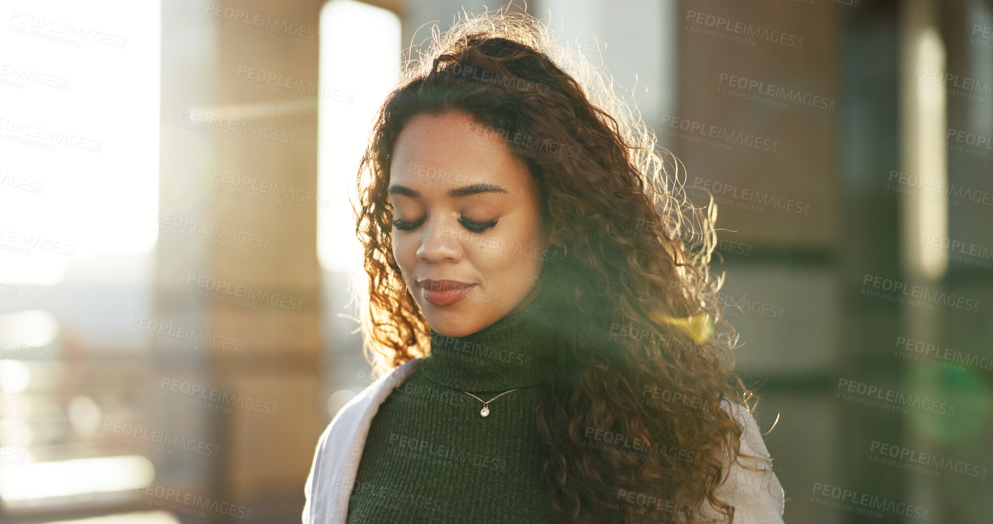 Buy stock photo Outdoor, business and woman with eyes closed in city for imagination, vision and goals for career growth. Female person, employee and daydreaming with lens flare for job opportunity and ideas