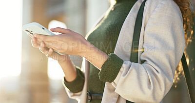 Buy stock photo Hands, scroll and phone with woman in city for direction, location app and travel. Social media, search and online map with closeup of person and mobile in Brazil for navigation, network or adventure