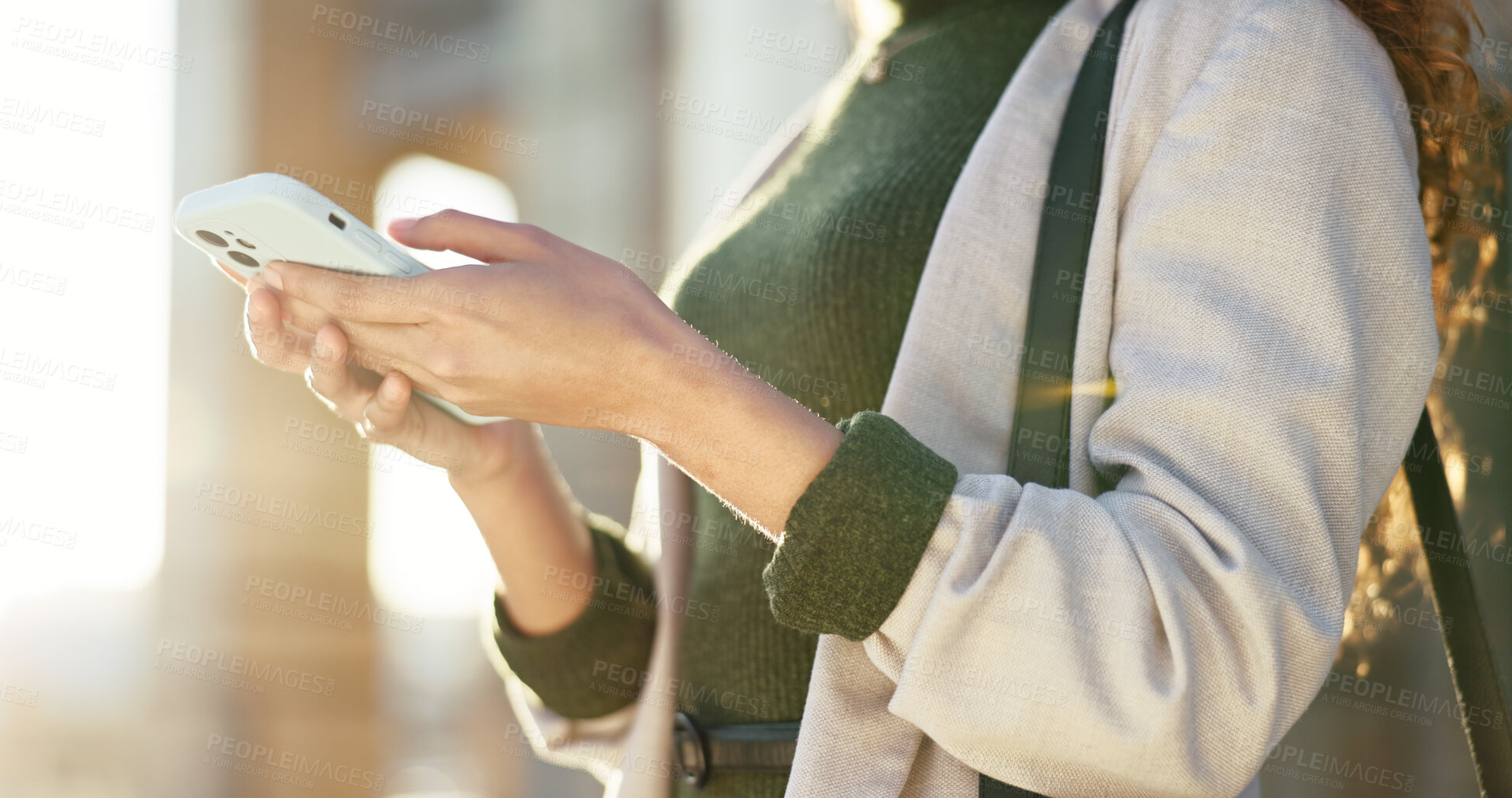 Buy stock photo Hands, scroll and phone with woman in city for direction, location app and travel. Social media, search and online map with closeup of person and mobile in Brazil for navigation, network or adventure