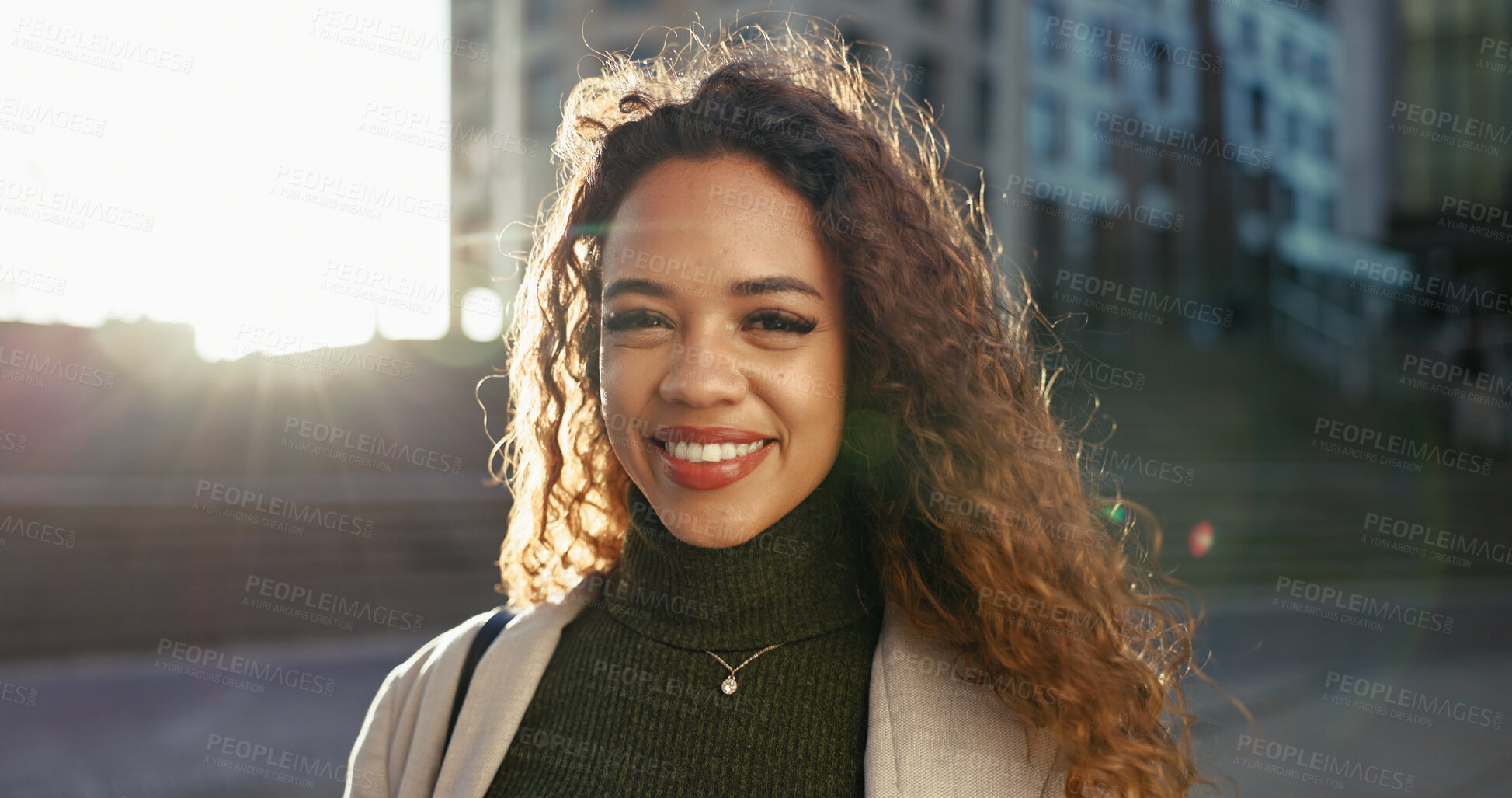 Buy stock photo Smile, commute and portrait of business woman in city for morning journey, professional and opportunity. Happiness, confidence and pride with female employee in Brazil outdoors for career and urban