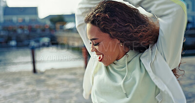 Buy stock photo Fashion, dancer and happy with woman in city for streetwear, freedom and energy. Confidence, music and cool style with female person in brazil outdoors for dancing, hip hop clothes and movement
