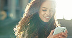 Phone, smile and business woman outdoor for text, check schedule and reading email for zoning regulation. Mobile, city and worker on chat app, urban planning and development for project on internet
