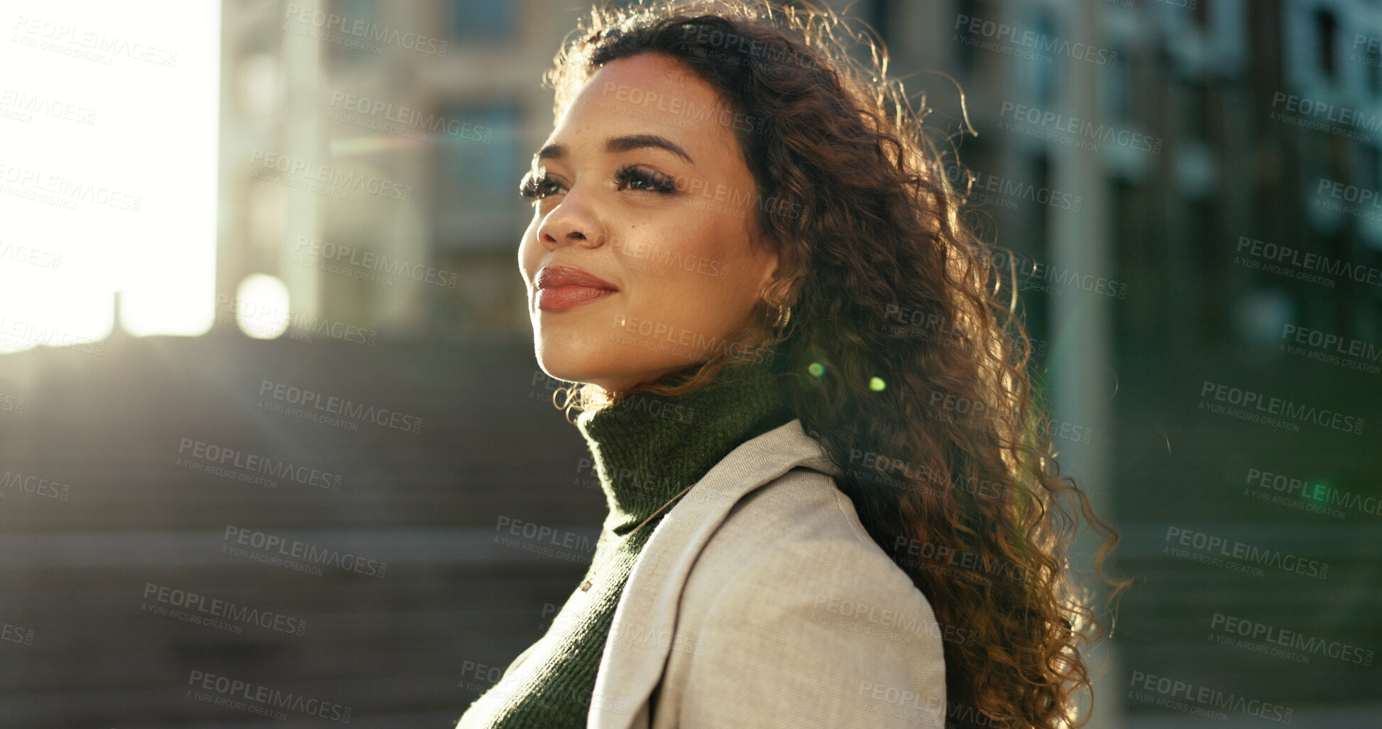 Buy stock photo Happy, travel and woman with smile, city and thinking for story, inspiration and commuting for journalism. Outdoor, road and person with ideas for agency, reporter and contemplating in morning