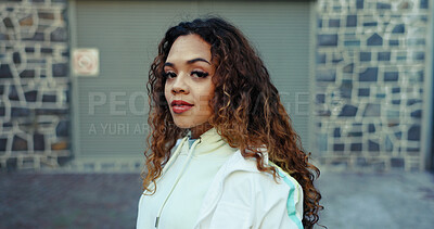 Buy stock photo Fashion, portrait and serious with woman in city for streetwear, gen z and creative. Confidence, pride and cool style with female person in brazil outdoors for urban, hip hop clothes and summer