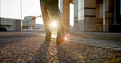 Buy stock photo Business, walking and feet of woman in city with sunrise, travel and metro station for transport. Sunshine, urban sidewalk and shoes of businesswoman on morning commute with light flare on ground