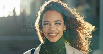 Buy stock photo Smile, urban and portrait of business woman in city for morning commute, journey and opportunity. Happiness, confidence and pride with female employee in Brazil outdoors for career and professional